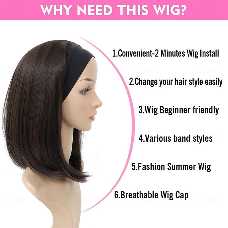 Headband Wigs for White Women 12 Inch Headband Wig Short Bob Wigs for Women Shoulder Length 180% Density Glueless Synthetic wig for Girls Daily Use Cosplay Wigs4