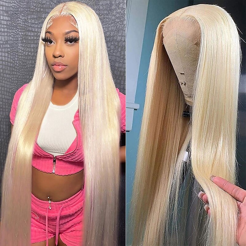 613# 13x4x1 T Part Lace Front Wig Middle Part Brazilian Hair Straight Blonde Wig 150% Density3