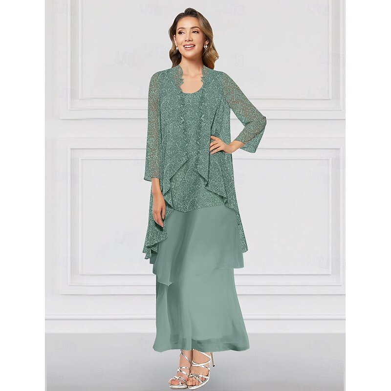Two Piece A-Line Dress Sets Mother of the Bride Dress Elegant Crew Neck Ankle Length Chiffon Long Sleeve Jacket Dresses with Lace Ruffles Tier