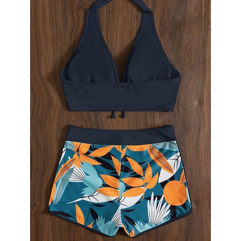 Women's Swimsuits Bikini 2 Piece Shorts Swimsuit Backless Slim Vacation Beach Wear Floral Halter Neck Sleeveless Bathing Suits3