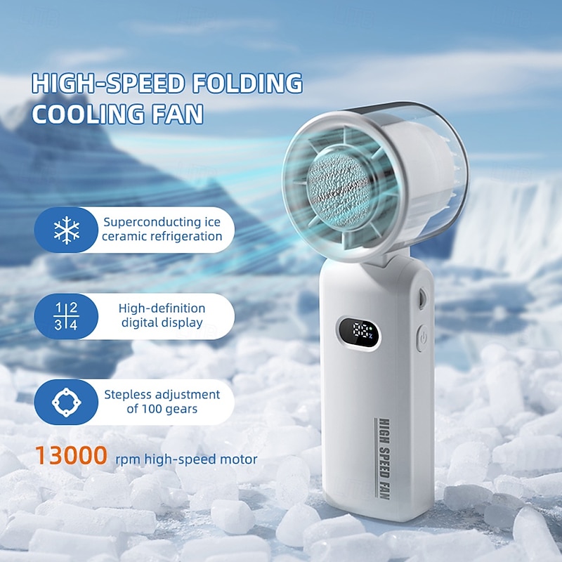 Folding Handheld Cooling Fan with Ceramic Refrigeration, 13000RPM Motor, 100-Speed Digital Display, Type-C Charging, White