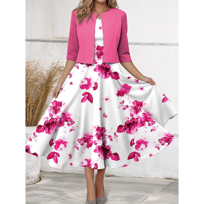 Women's Two Piece Dress Sets Midi Dress with Jacket Elegant A Line Dress Half Sleeve Casual Floral Print Crew Neck Date Pink Blue Purple Regular Fit4