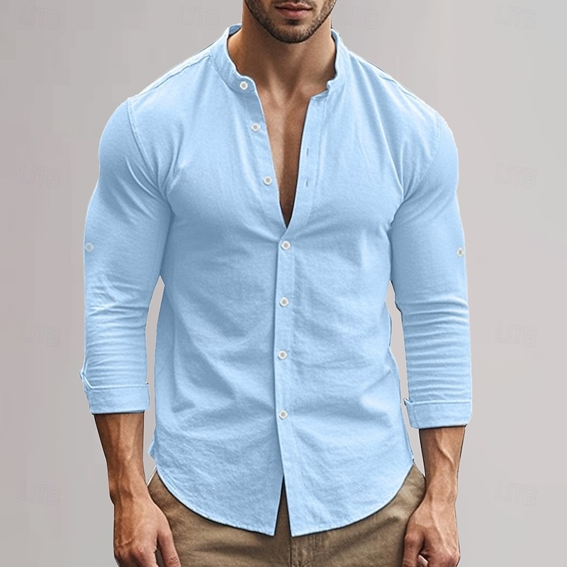 Men's Cotton Linen Shirt Plain Vacation Black White Khaki Dark Gray Long Sleeve Grandad Collar Clothing Apparel2