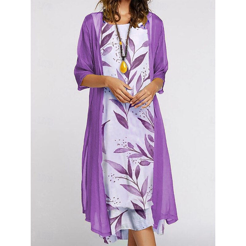 Women's Dress Set Summer Dress Casual Floral Print Midi Dress 3/4 Length Sleeve Crew Neck Outdoor Daily Blue Purple Green Summer Spring Regular Fit4