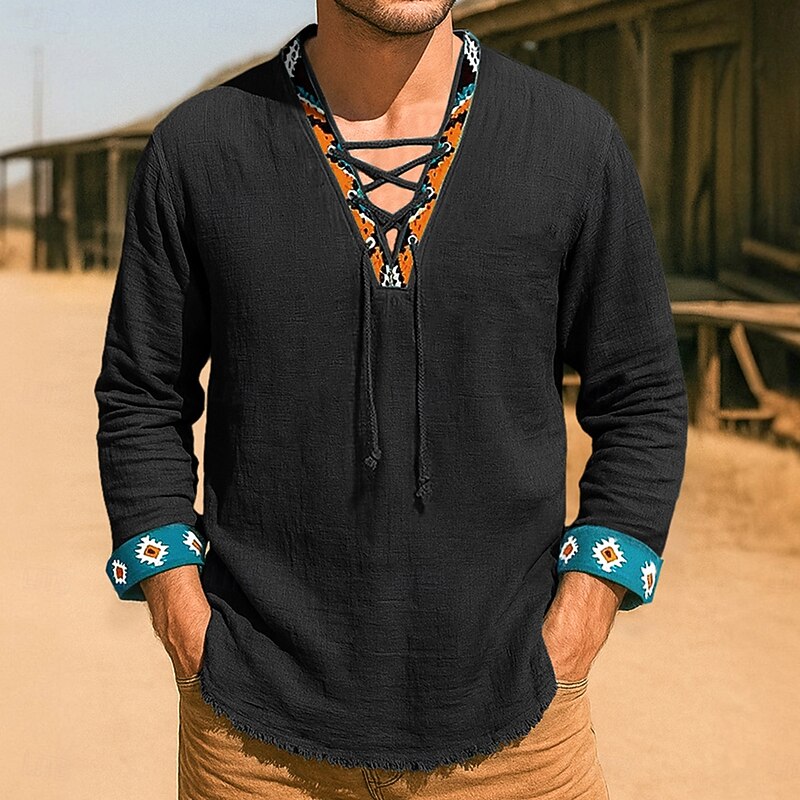 Men's Shirt Linen Shirt Viking Style Summer Shirt Beach Shirt Western Shirt Solid Color Vacation Casual Black White Green Long Sleeve V Neck Clothing Apparel Drawstring2