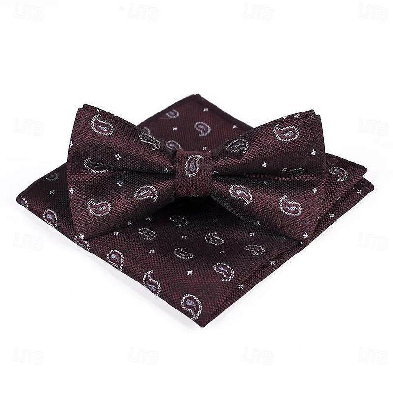Men's Vintage Bow Tie Wedding Party Homecoming Patterned Bow Tie with Floral Printed Pocket Square Burgundy Navy Blue Dark Green4