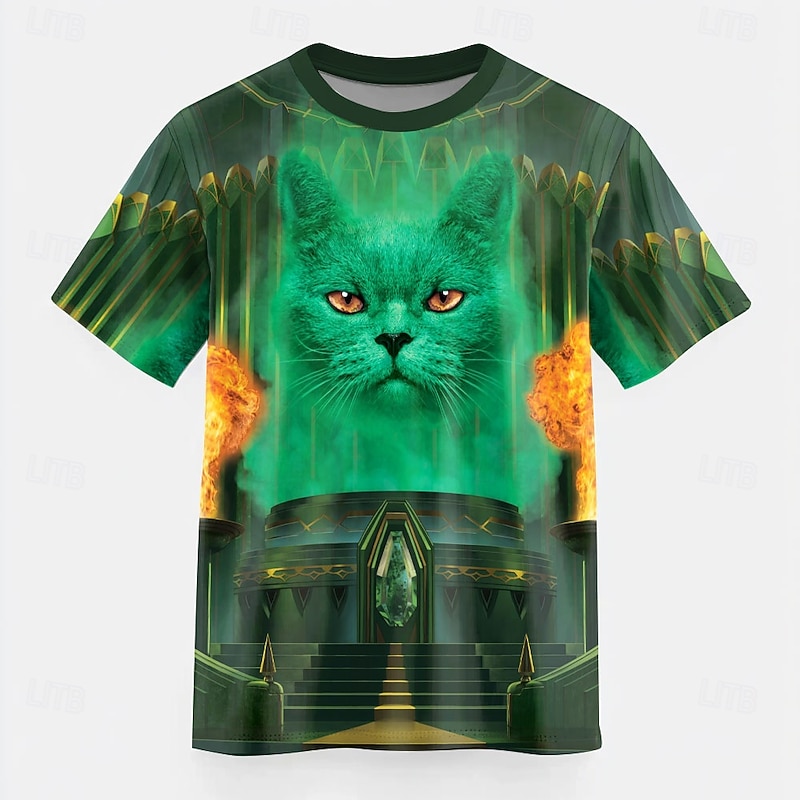 Cat The Great and powerful VINCENT HIE Men's Cat T Shirt Short Sleeve T shirt 3D Print Crew Neck Shirt Exaggerated Designer Party Street Casual Green Summer Spring All Seasons Clothing Apparel S M L X