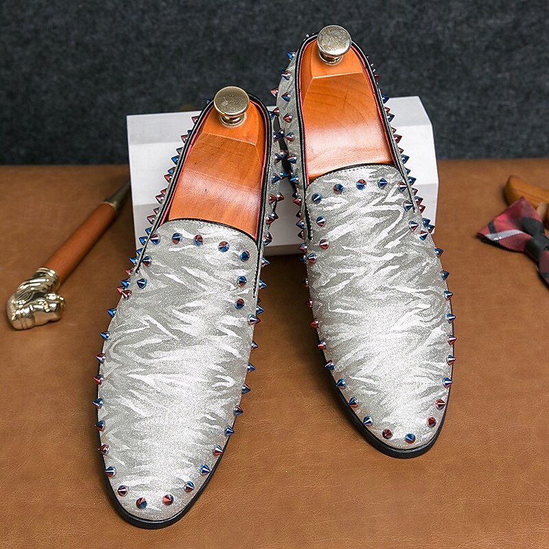 Men's White Textured Satin Loafers with Colorful Studs – Fashion Prom Shoes for Graduation and Special Events4