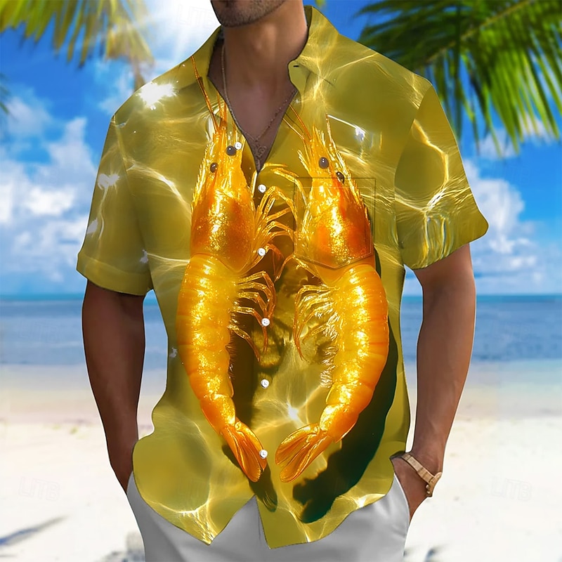 Men's Shrimp Water Ripple Shirt Summer Hawaiian Shirt Button Up Shirt Short Sleeve Hawaiian Vacation Holiday Beach Wear Summer Spring Turndown 3D Print Collared Shirts Front One Pocket Yellow