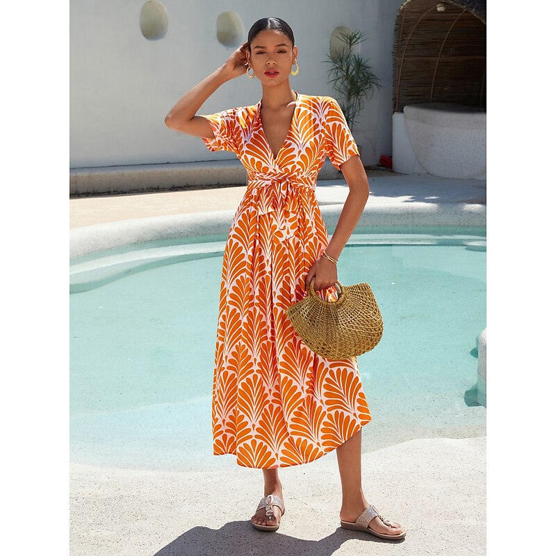 Women's Midi Dress Maxi Dress Orange Short Sleeve Geometric With Belt Spring & Summer V Neck Pattern Dress S M L