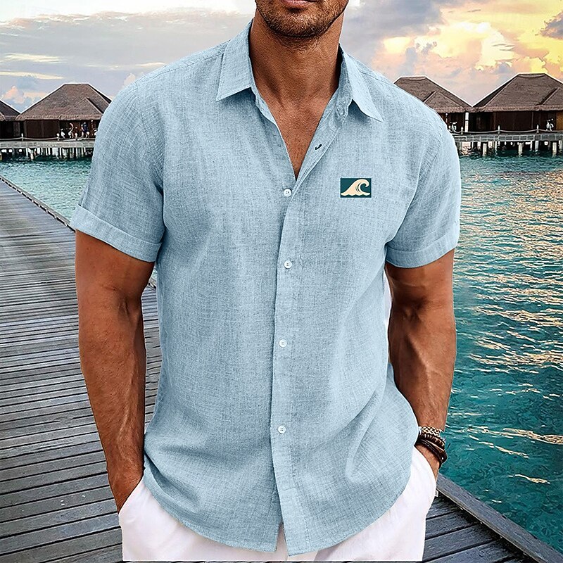 Men's Linen Shirt Beach Shirt Summer Hawaiian Shirt Waves Outdoor Vacation Blue Short Sleeve Stand Collar Summer Spring Clothing Apparel