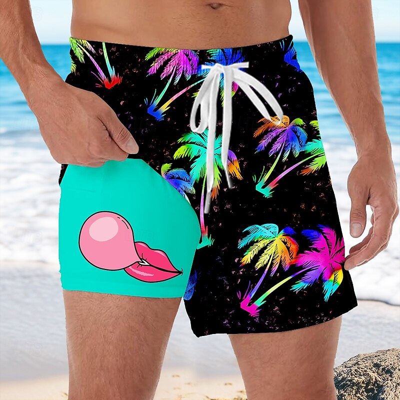 Men's Coconut Tree Tropical Plants Bubble Gum Lined Shorts 2 in 1 Board Shorts Swim Shorts Mid Waist Hawaiian Vacation Side Pockets With Compression Liner Elastic Drawstring Waist Designer Clothing4