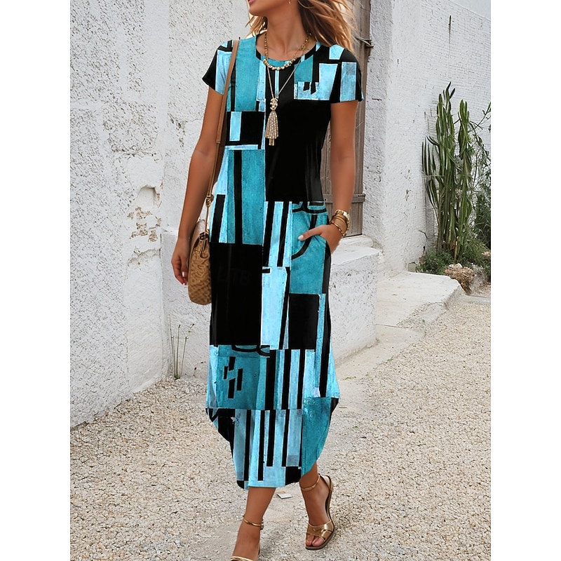 Women's Midi Dress T Shirt Dress Tee Dress Summer Dress Vacation Casual Beach Daily Regular Fit Graphic Geometric Short Sleeve Crew Neck Blue Purple Brown Summer4