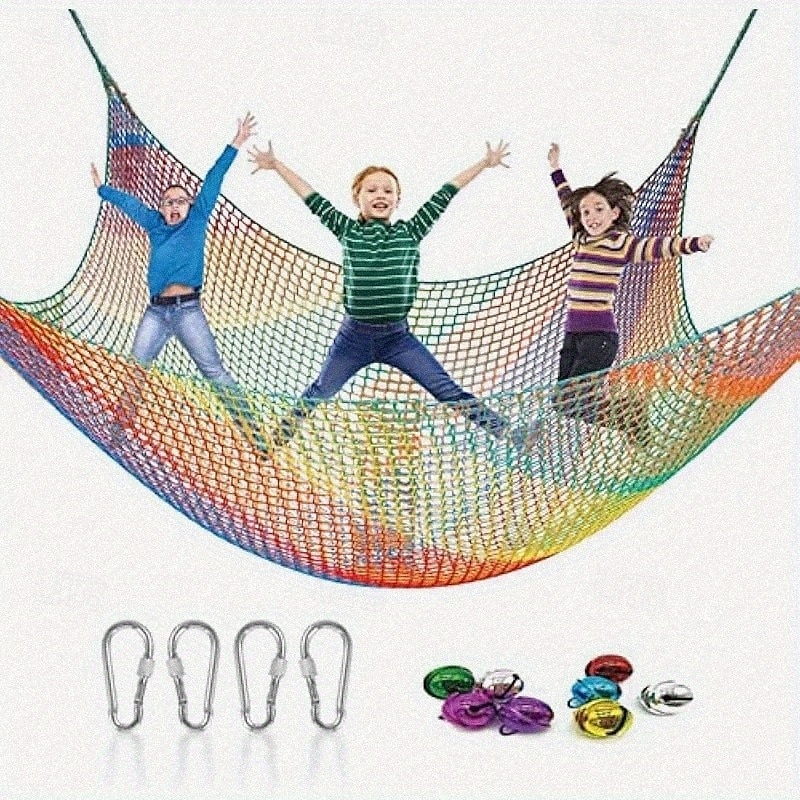 Rainbow Playground Climbing Net  Double Layer Safety Rope Bridge Weather-Resistant Polyester for Tree Houses, Outdoor Adventures, and Backyard Fun, Adventure Playset
