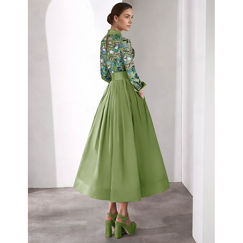 Embroidered A-Line Mother of the Bride Cocktail Dresses Elegant Formal Wedding Floor Length Long Sleeve Shirt Collar Satin with Glitter2