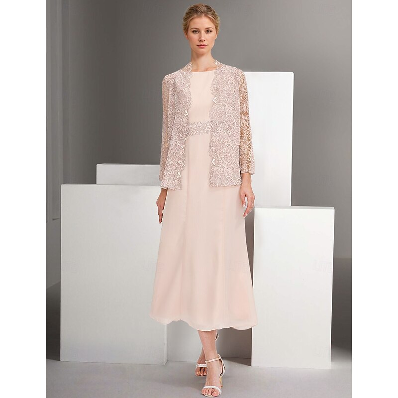 Two Piece A-Line Dress Sets Mother of the Bride Dress Elegant Crew Neck Ankle Length Chiffon Long Sleeve Jacket Dresses with Lace Embroidery2