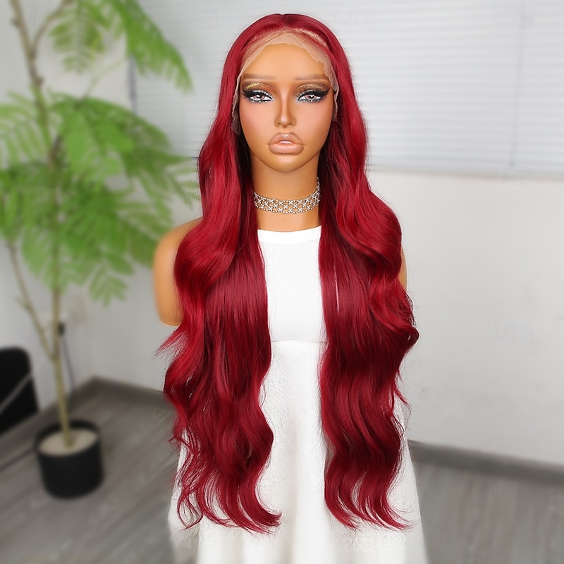 Synthetic Lace Wig Body Wave Style 30 inch Red Middle Part 13x4 Lace Front Wig Women's Wig Wine Red3