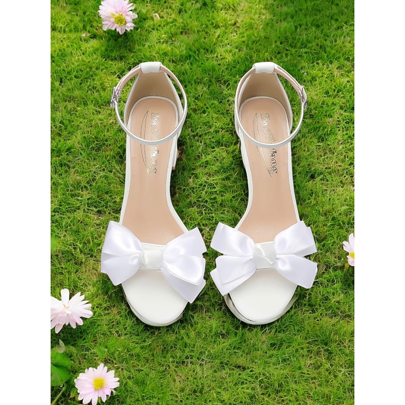 Women's White Satin Sandals with Large Bow Detail, Block Heel for Outdoor Weddings and Special Events4
