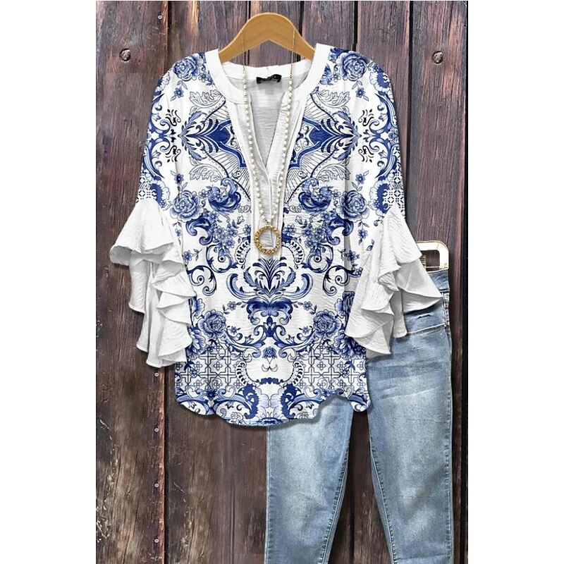 Women's Retro Blouse Layered Ruffle Sleeve Tops Vintage Floral Graphic Paisley Daily Stylish Casual 3/4 Length Sleeve Regular Tops Daily Holiday Vacation Wear Print Red Blue Sky Blue Green2