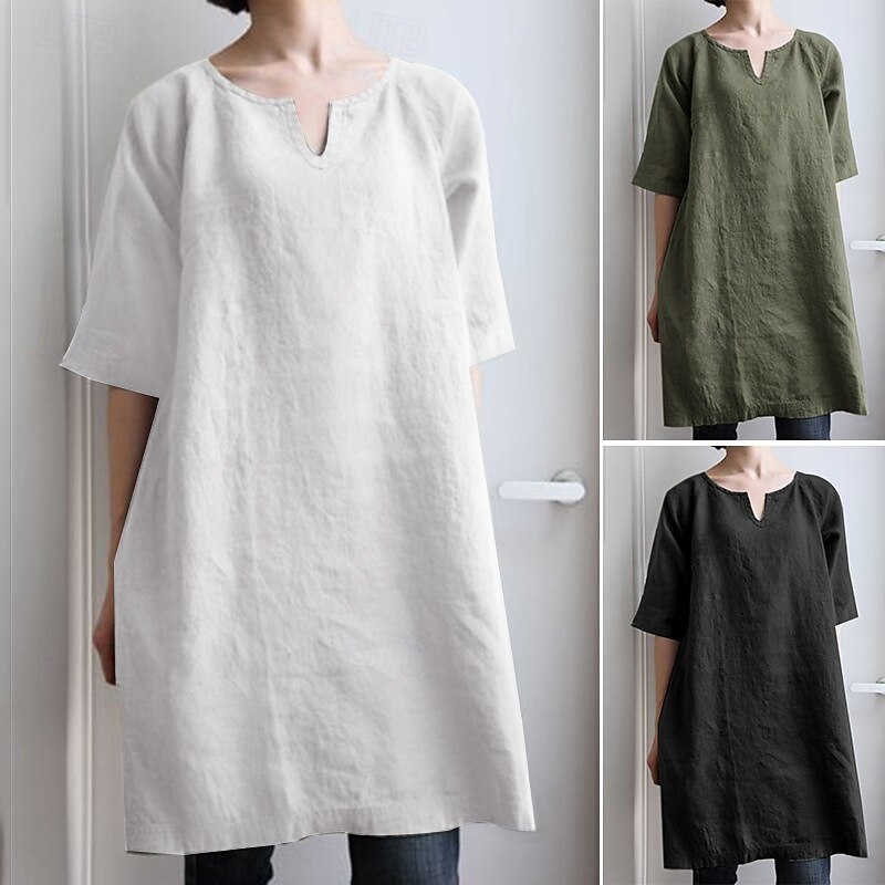 Women's Cotton Linen Shirts Button Up Blouse Plain Basic Modern Short Sleeve V Neck Long Tops Daily Going out Black White Army Green Summer