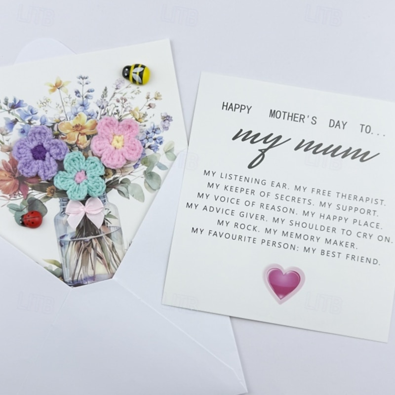 Mother's Day 3D Heartwarming Card Handmade Crochet Flower Decoration for Mothers,Lover,Friends