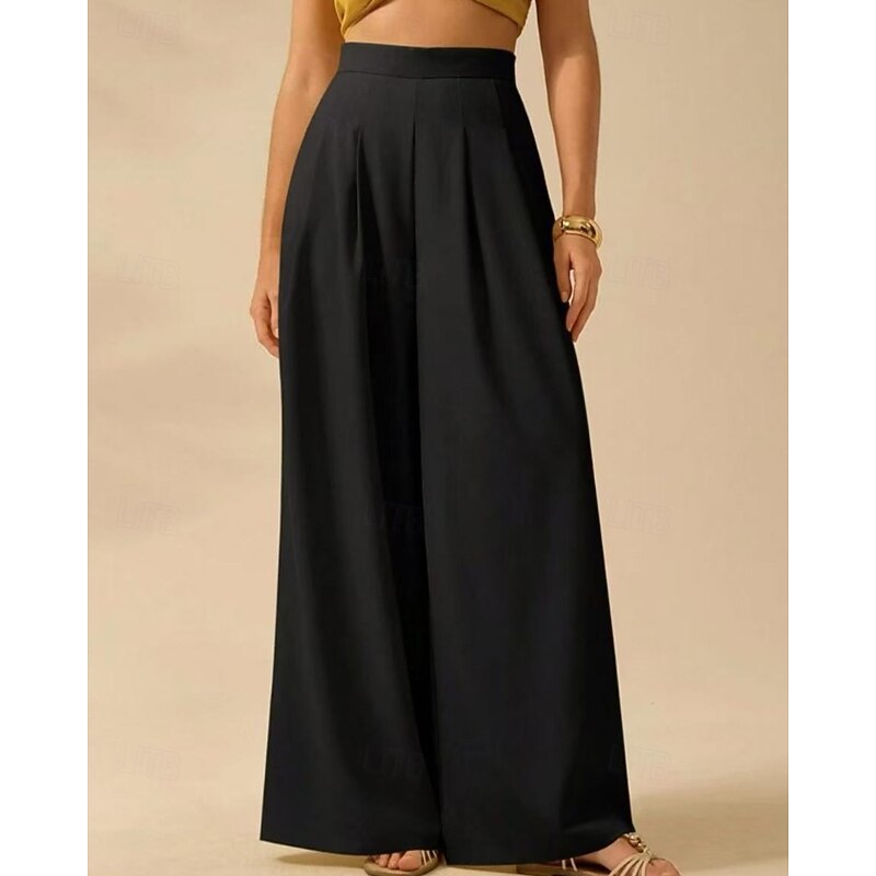 Women's Culottes Wide Leg Slacks Casual Full Length Natural Plain Elastic Waist Outdoor Comfortable Street Going out Black Beige Summer Regular Fit3