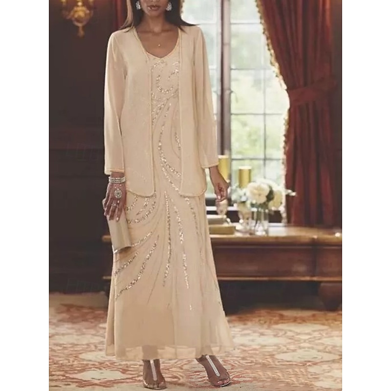 Beach Wedding Two Piece Sheath Mother of the Bride Dress Wedding Guest Elegant Sparkle & Shine V Neck Ankle Length Chiffon Sequined Long Sleeve with Sequin
