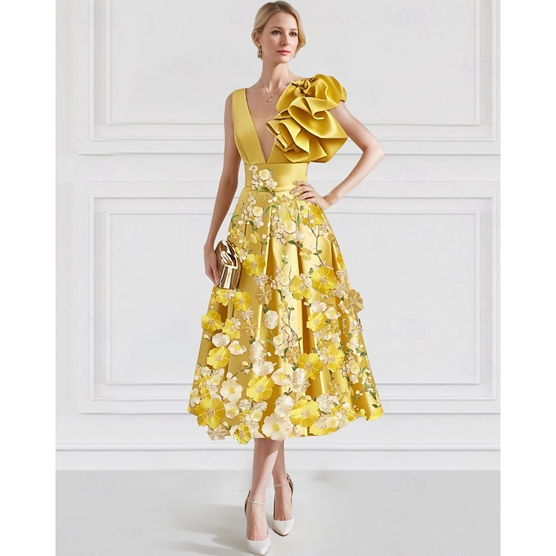 Floral A-Line Cocktail Dresses Elegant Dress Formal Wedding Ankle Length Sleeveless V Neck Satin with Embroidery Pocket3