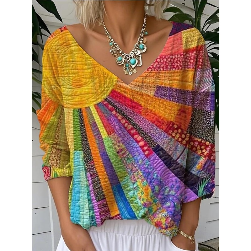Women's Blouse Graphic Geometric Striped Elegant Tropical Daily 3/4 Length Sleeve V Neck Regular Tops Daily Black Blue Rainbow Summer Spring3