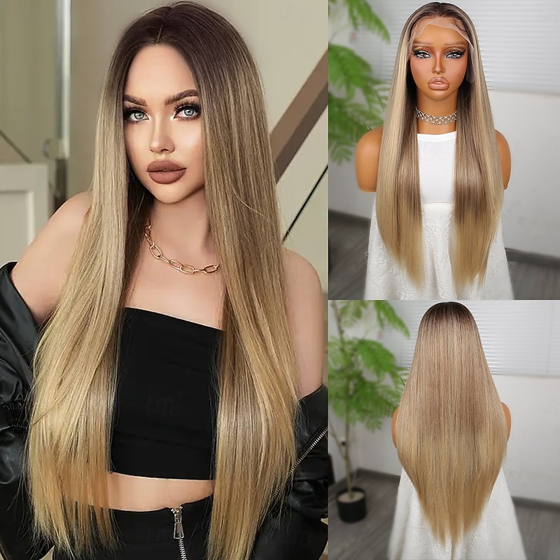 Synthetic Lace Wig Straight Style 26 inch Mixed Color Middle Part 13x4 Lace Front Wig Women's Wig A3