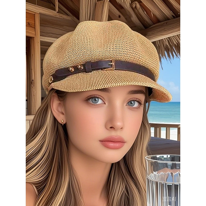 Women's Breathable Straw Newsboy Cap – Lightweight Summer Beach Hat with Faux Leather Buckle for Casual Travel & Sun Protection