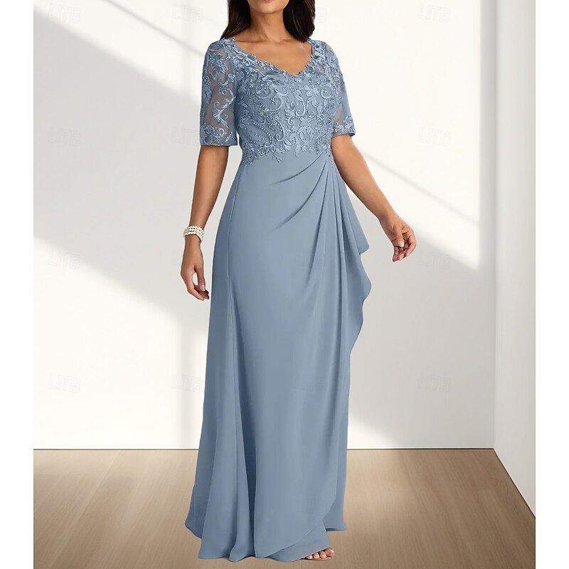 A-Line Mother of the Bride Dress Wedding Guest Elegant V Neck Floor Length Chiffon Half Sleeve with Pleats Appliques3