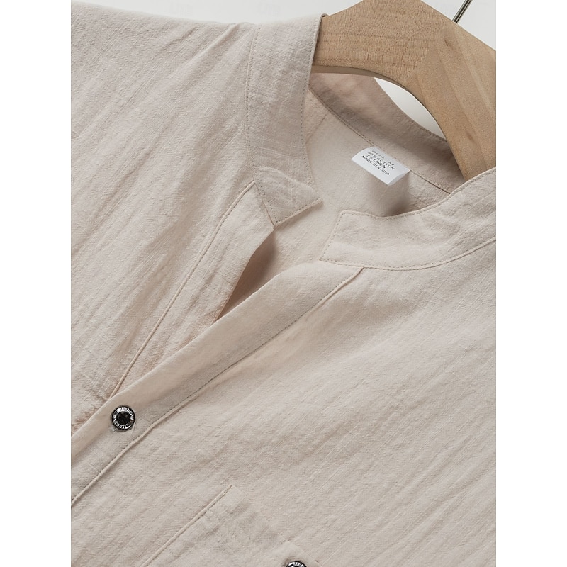 Men's Linen Shirt Popover Shirt Casual Shirt Button Up Shirt Plain Vacation Street White Yellow Pink Apricot Short Sleeve Band Collar Spring & Summer Clothing Apparel Pocket4