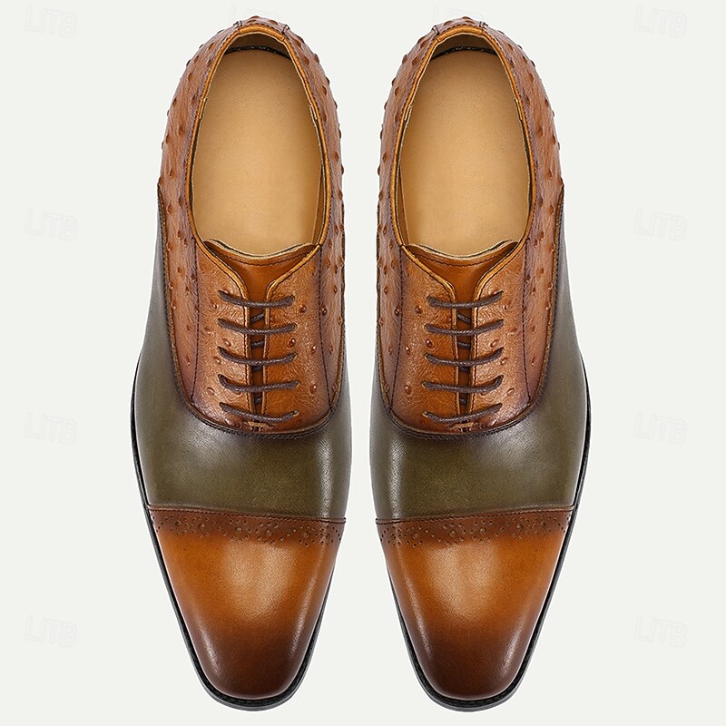 Men's Two-Tone Leather Oxford Shoes with Ostrich Print – Luxury Lace-Up Formal Shoes for Banquets and Prom Nights4