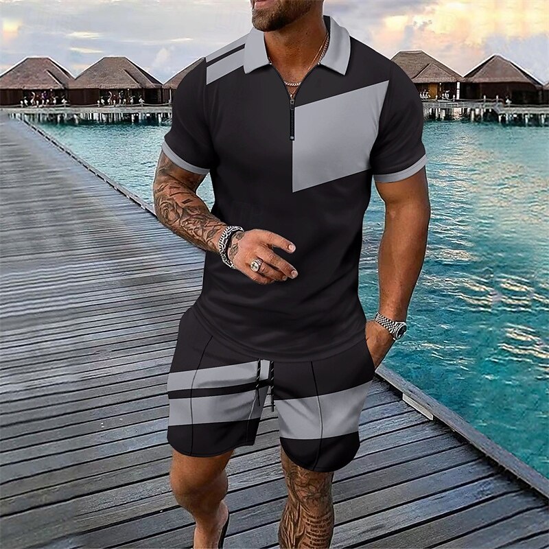 Men's T-shirt Suits 2 Pieces Outfits Tee & Shorts Short Sleeve Quarter Zip Summer Color Block Fashion Casual 2 Piece Splice Vacation Daily Wear Going out Silver Black Wine Top Tee for Men2