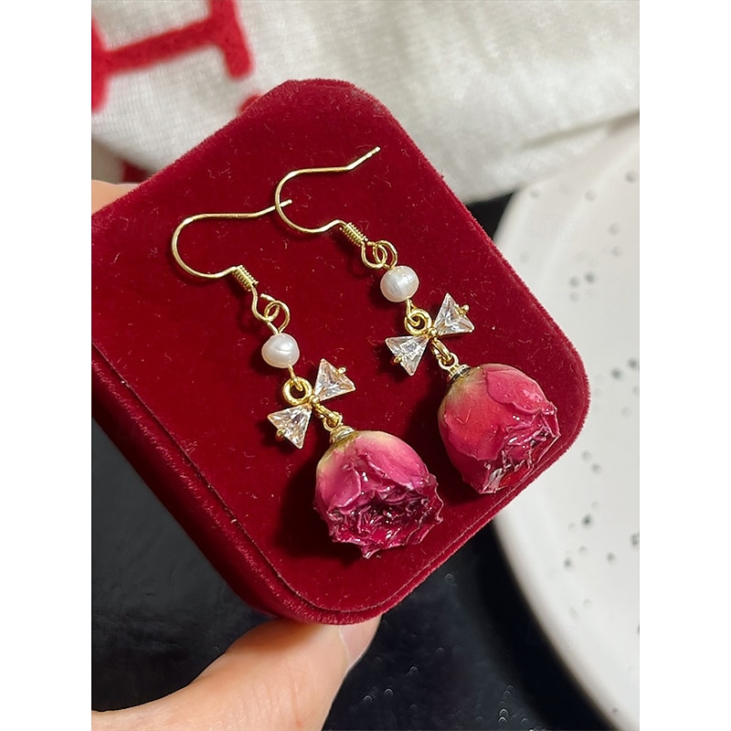 Women's Real Flower Drop Earrings – Acrylic Rose Bud Design with Pearl & Bow Accents, Elegant Handmade Jewelry for Romantic Style, Ideal Gift for Mom on Mother's Day2