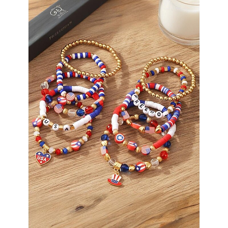 Women's Patriotic Beaded Bracelet Set – Red White and Blue USA Charm Elastic Stretch Bangles – 4th of July Independence Day Jewelry for Holiday Outfits & Party Wear3