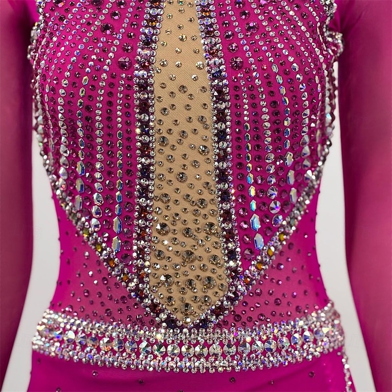Figure Skating Dress Women's Girls' Ice Skating Dress Rose Red Patchwork Open Back Mesh High Elasticity Training Competition Skating Wear Classic Crystal / Rhinestone Long Sleeve Ice Skating Figure3
