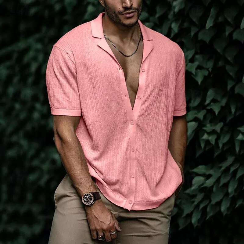 Men's Shirt Summer Shirt Casual Shirt Beach Shirt Button Up Shirt Black White Yellow Pink Red Short Sleeve Plain Shirt Collar Vacation Hawaiian Clothing Apparel Polyester Fashion Casual Comfortable3
