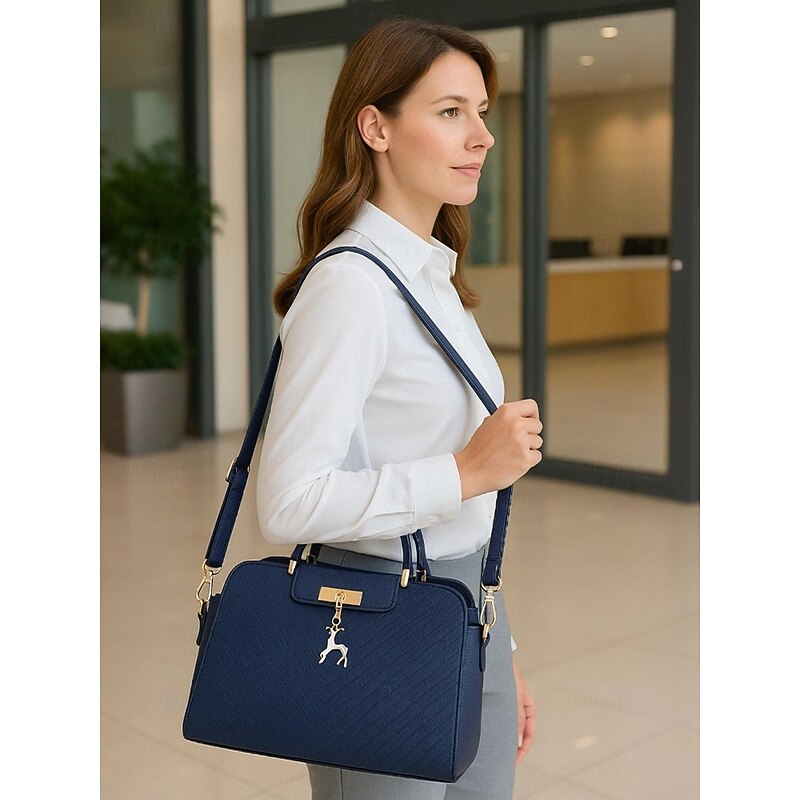Women's Faux Leather Top Handle Tote Bag with Deer Charm - Elegant Structured Women's Shoulder Bag, Perfect for Mother's Day Gift, Work, Shopping and Casual Outings3