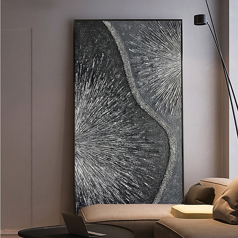 Handmade Oil Painting Canvas Wall Art Decoration Contemporary Abstract Silver Textured Artwork for Home Living Room Decor Stretched Frame Hanging Painting/Rolled Frameless Unstretched Painting
