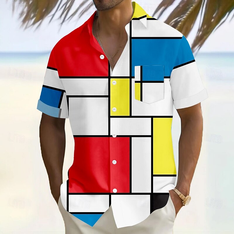 Men's Geometric Grid / Plaid Shirt Casual Shirt Button Up Shirt Short Sleeve Fashion Casual Vacation Holiday Streetwear Summer Turndown 3D Print Front One Pocket Linen Like Shirt White
