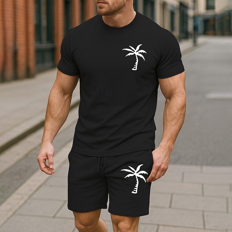 Men's T-shirt Suits 2 Pieces Outfits Tee & Shorts Short Sleeve Crew Neck Summer Coconut Tree Plain Fashion Casual 2 Piece Vacation Daily Wear Going out Black White Yellow Top Tee for Men4