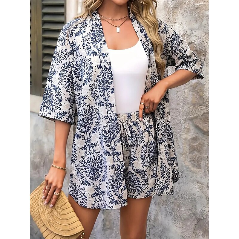 Women's 2 Pieces Elegant Fashion Streetwear Shorts Sets Half Sleeve V Neck Floral Print Outdoor Work Casual Black Royal Blue Blue Summer Regular Fit