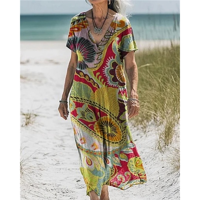 Women's Long Dress Maxi Dress Cotton Linen Dresses Casual Dress Boho Dress Western Dress Fashion Outdoor Party Holiday Regular Fit Flower Short Sleeve V Neck Blue Green Dark Blue Light Blue Summer