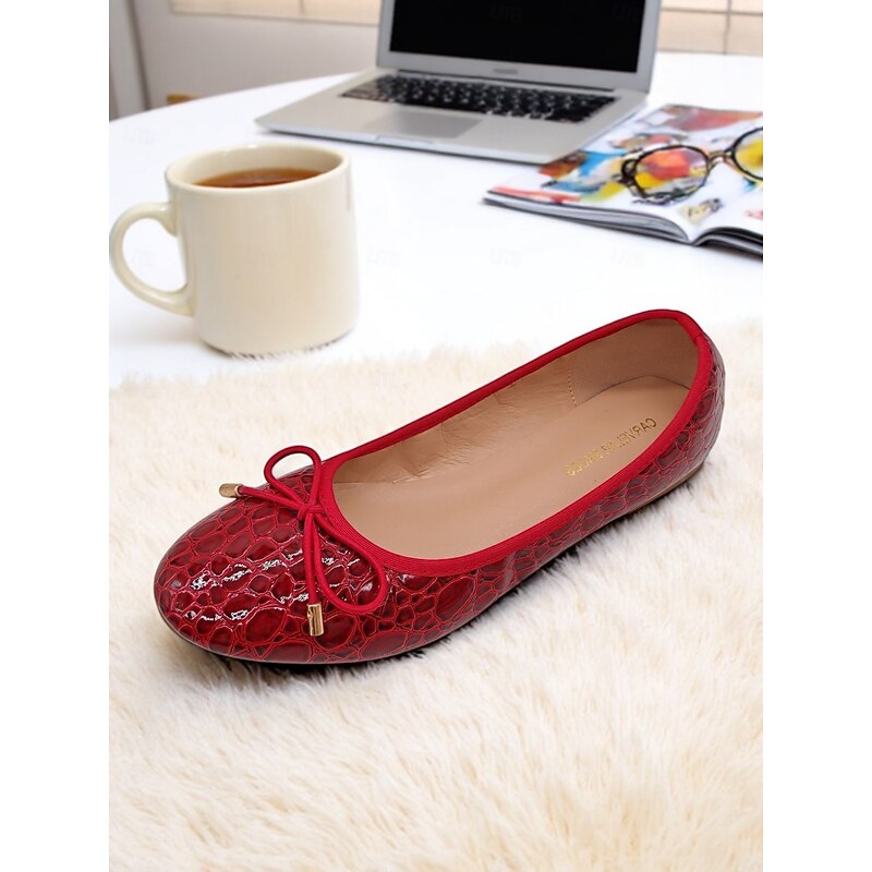 Women's Croc Embossed Faux Leather Ballet Flats – Red Bow Detail Flats for Office Deskside and Commuting Comfort