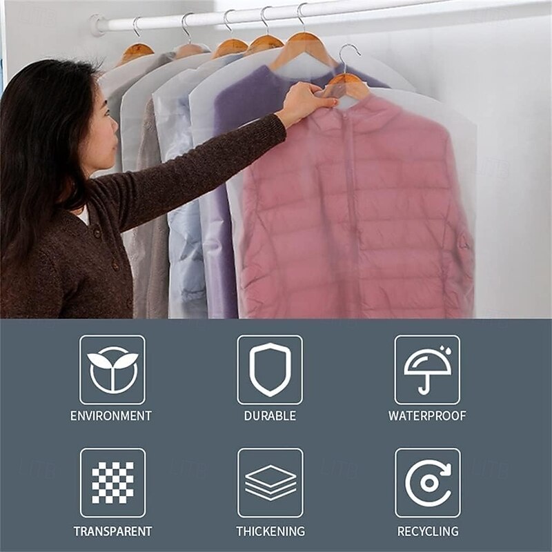 5 Pieces Garment Bags Suits Covers Clothes Organizer, Clear Washable Travel Dustproof Dress Protector Storage Bags See-Through White2