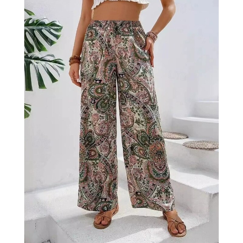 Women's Slacks Pants Trousers Fashion Boho Full Length Natural Flower Elastic Waist Printing Comfy Outdoor Comfortable Vacation Going out Magenta Apricot Navy Blue Summer Regular Fit3
