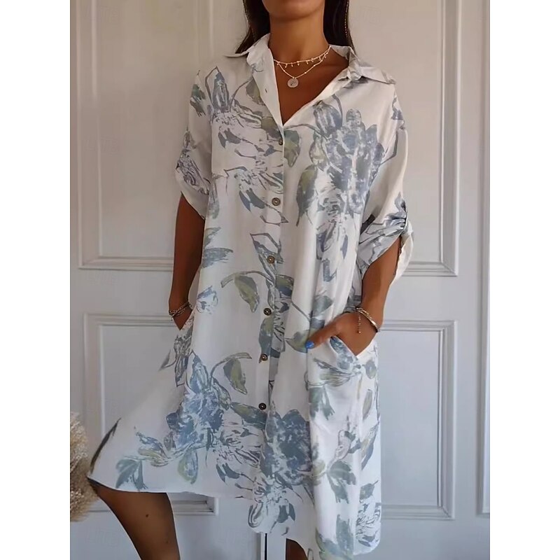 Women's Mini Dress Shirt Dress Casual Dress Summer Dress Fashion Modern Daily Weekend Regular Fit Floral Leaf Long Sleeve Shirt Collar Black White Blue Green Summer