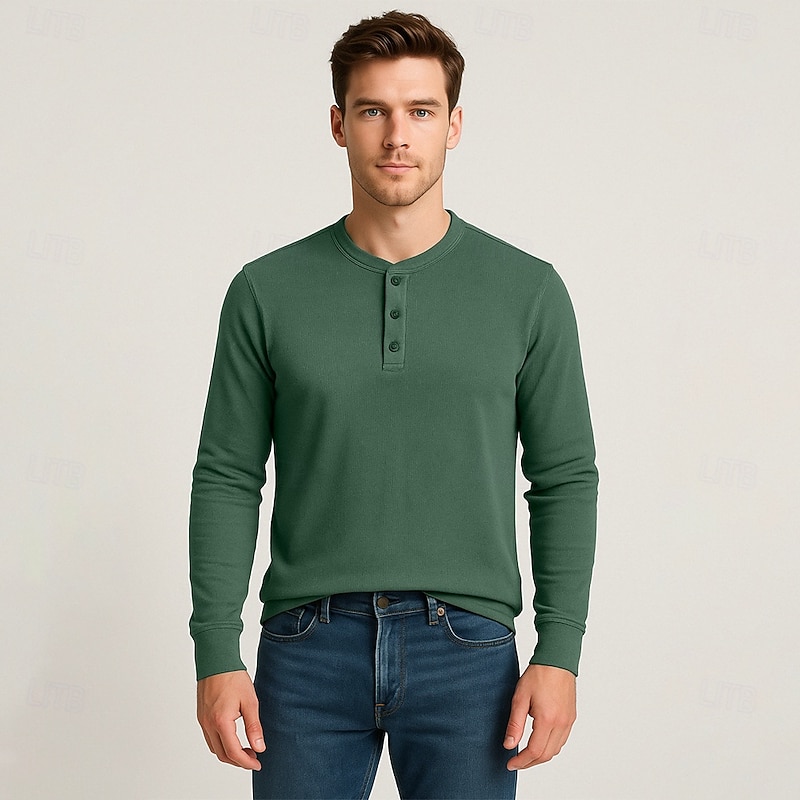 Men's T Shirt Long Sleeve Solid Neutral Daily Casual Button Up Henley School Home Work All Seasons Deep Green Dark Grey Black Henley T-Shirt